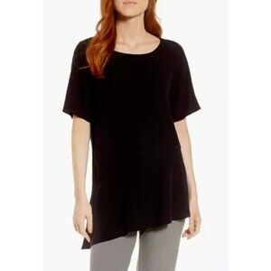 Eileen Fisher Asymmetrical Hem Crepe 100% Silk Short Sleeve Blouse Top Black XS
